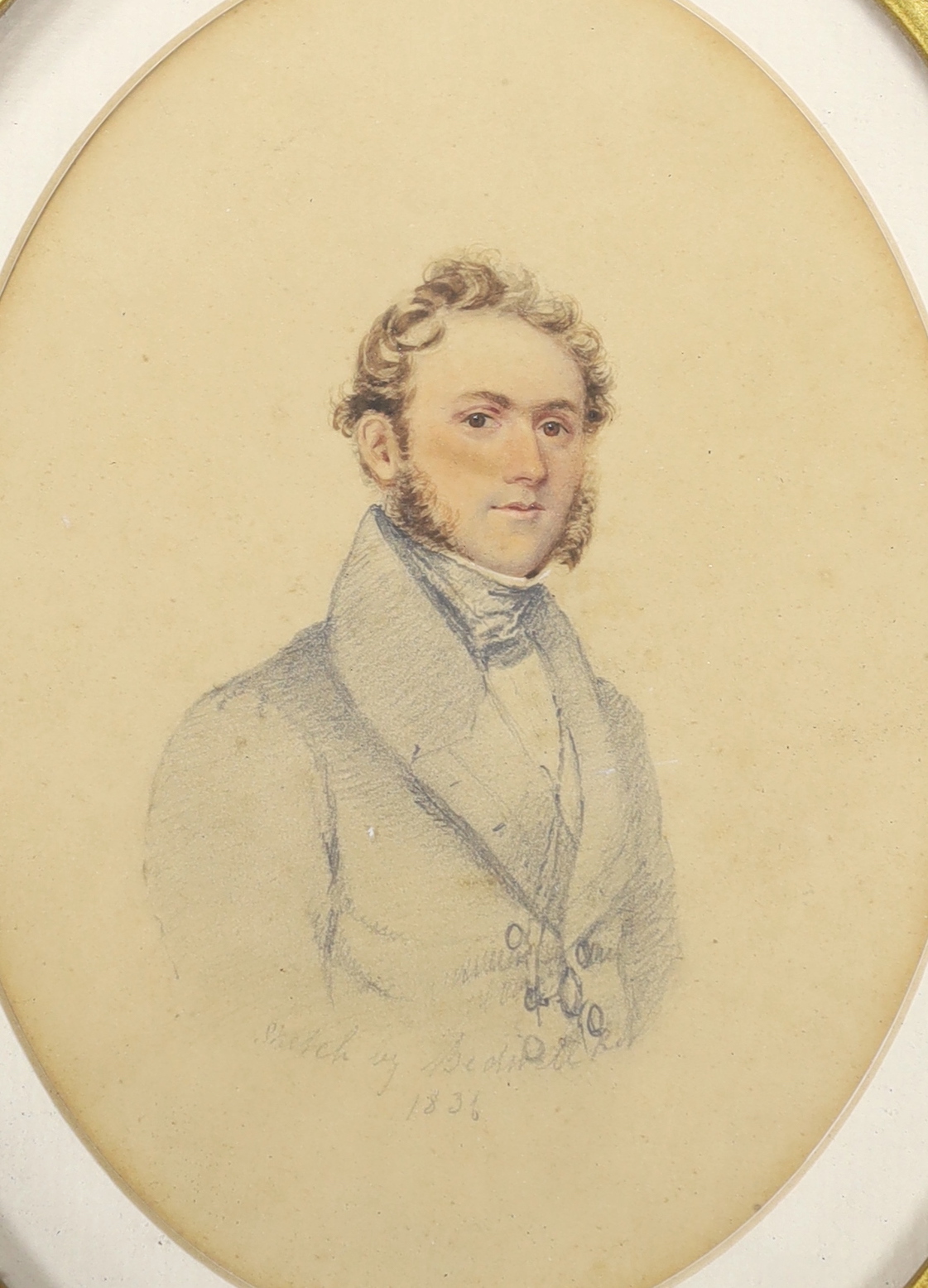 Early 19th century English School, pencil and watercolour, Portrait of a gentleman, indistinctly inscribed and dated 1831, together with a 19th century heightened watercolour, River landscape with boat, ornate gilt frame